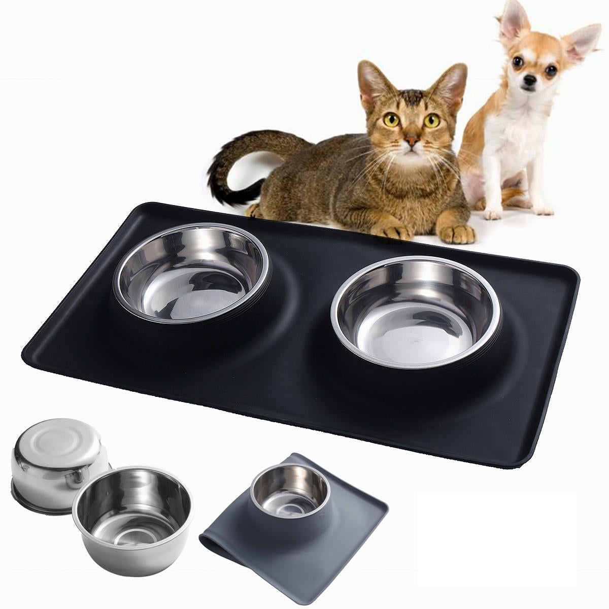 Stainless Steel Pet Dog Cat Bowls Silicone Mat Water Food Feeder Dish Pet Bowl