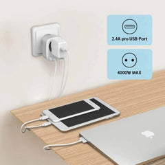 EU 3-in-1 4000W Wall Socket Extender with AC Outlet & 2 USB Ports, Overload Protection