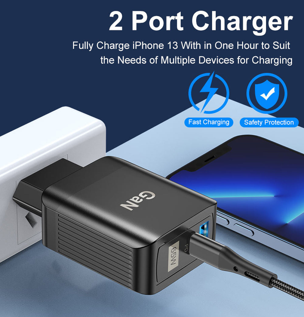 65W GaN Dual USB PD Charger, Fast Charging Adapter for Xiaomi, iPhone, Samsung