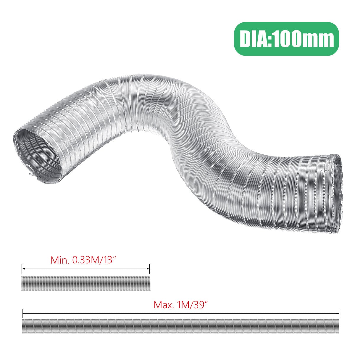 100mm Dia Flexible Aluminium Vent Hose Air Ventilation Exhaust Dust 1m/1.5m Long