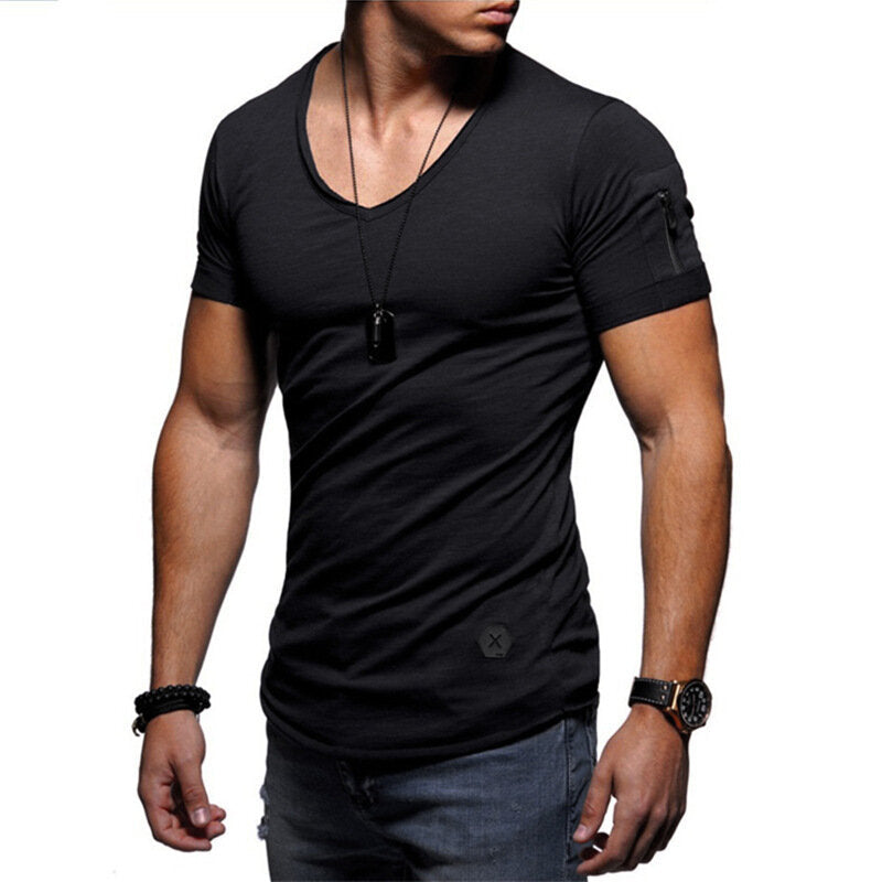 Men's V-neck T-shirt Fitness Bodybuilding T-shirt High Street Summer Short-Sleeved Zipper Casual Cotton Top