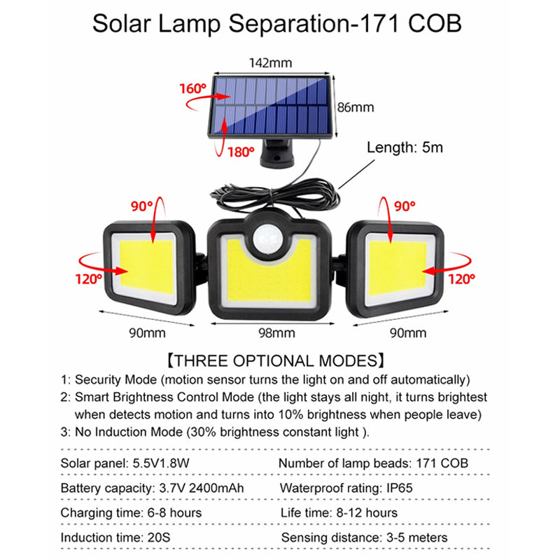 Solar Sensor Security Lights 3 Heads Motion Sensor Lights Adjustable Flood Lights Outdoor Spotlights Rotatable IP65 Waterproof