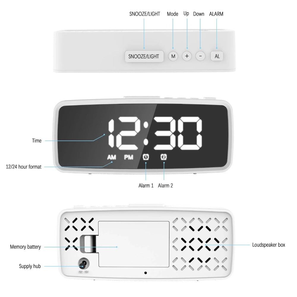 USB-Rechargeable LED Mirror Digital Alarm Clock with Snooze Mode