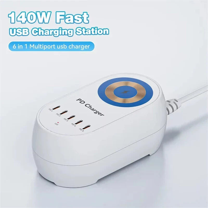 140W GaN 5-Port USB PD Charger with 15W Wireless Dock for iPhone, Samsung, Laptops & Tablets