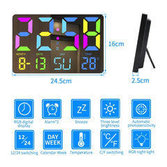 RGB Rainbow Digital Wall Clock with LED Display, Snooze, Remote, Auto Brightness, Temperature, Date, Week, 12/24H - Ideal for Home, Office, Classroom