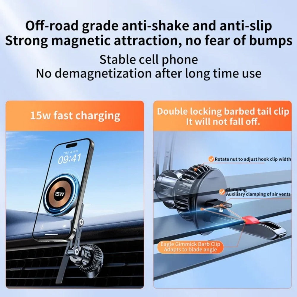 15W Magnetic Car Wireless Charger 360° Rotation Stand for iPhone & Samsung