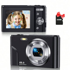 Auto Focus Digital Camera, FHD 1080P/48MP, 32GB Card, 16X Zoom, Portable for Beginners