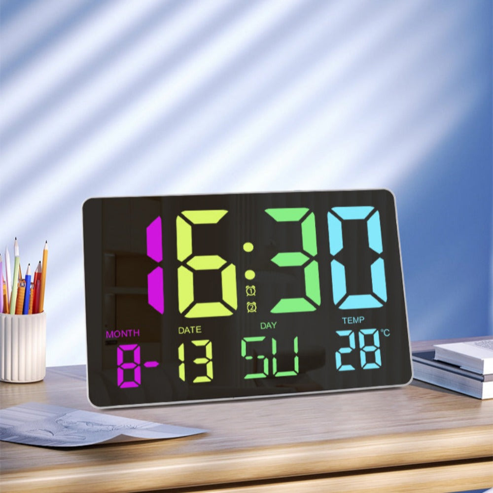 RGB Rainbow Digital Wall Clock with LED Display, Snooze, Remote, Auto Brightness, Temperature, Date, Week, 12/24H - Ideal for Home, Office, Classroom