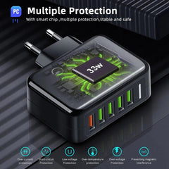 33W 5-Port USB PD Fast Charger QC4.0/3.0 EU/US Plug for iPhone, Xiaomi, Hui, OPPO, Samsung