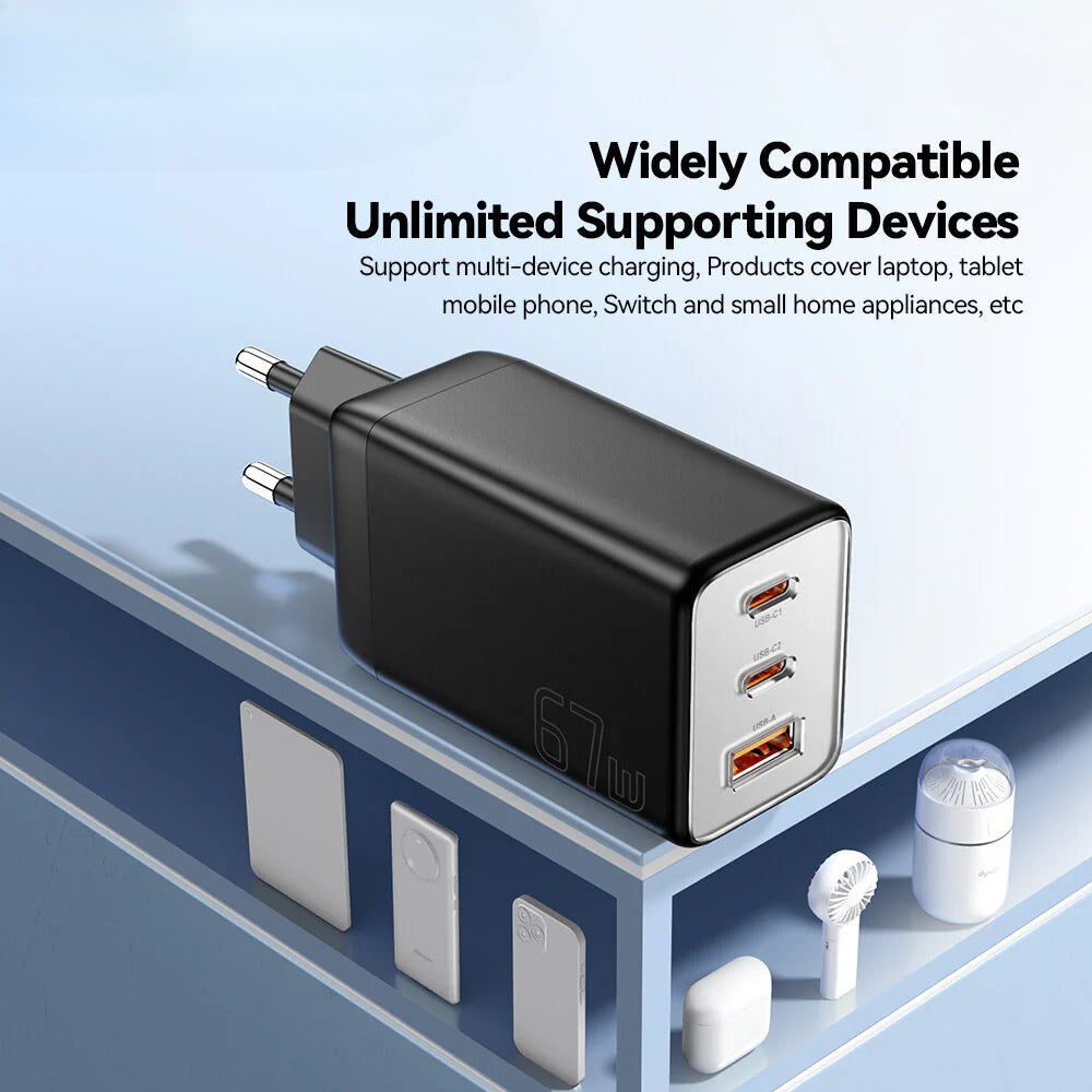 67W GaN 3-Port USB PD Charger: 2USB-C+USB-A Fast Charging Adapter for iPhone, Xiaomi, Hui, Samsung