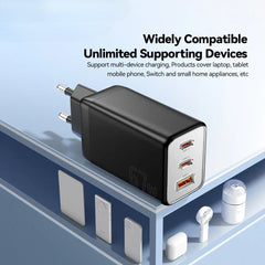 67W GaN 3-Port USB PD Charger: 2USB-C+USB-A Fast Charging Adapter for iPhone, Xiaomi, Hui, Samsung