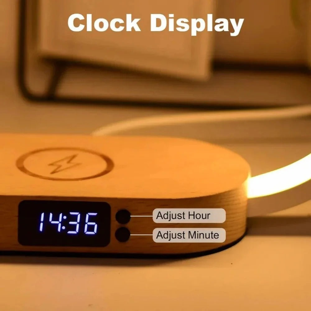 Wireless Wooden Charger with USB Port & Touch Night Light Lamp