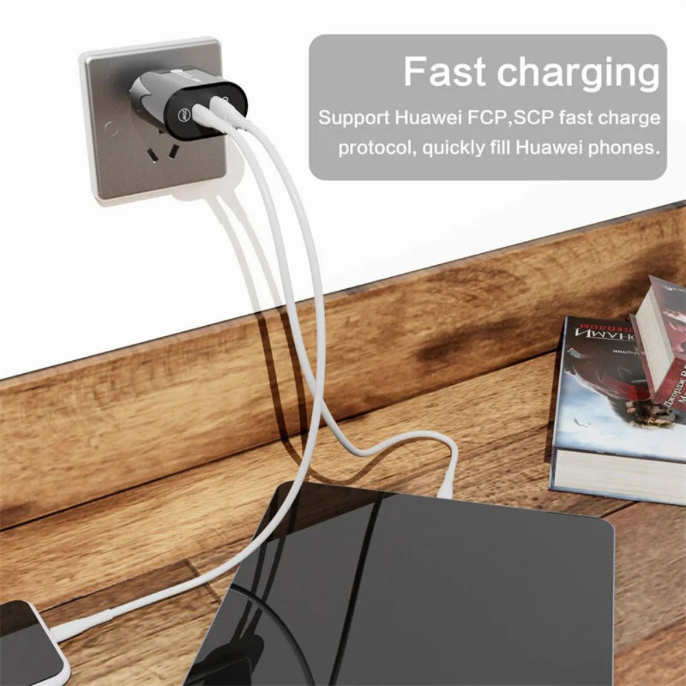 2-Port USB PD Charger, USB-A+USB-C, QC3.0 Fast Wall Adapter, EU Plug for iPhone, Hui, Samsung, Xiaomi