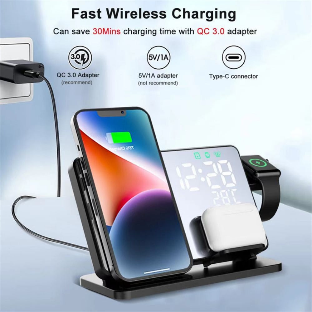 15W Fast Wireless Charger & Alarm Clock for iPhone, Samsung, Hui, Apple Watch, AirPods