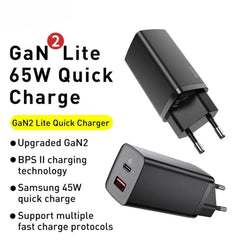 GaN2 65W 2-Port USB PD Charger Fast Charging Adapter EU Plug for iPhone, Hui, Xiaomi, Samsung