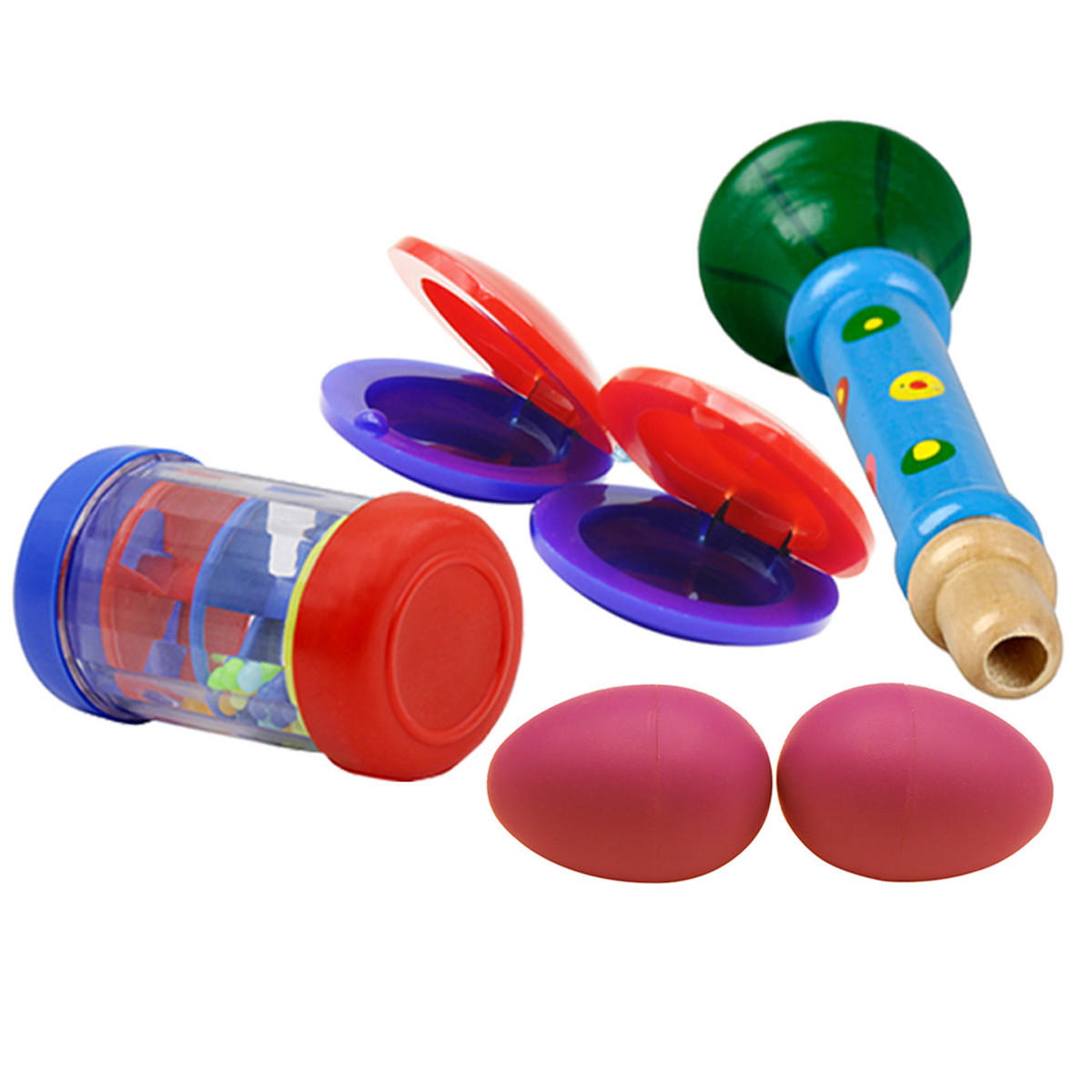 4-piece Set Orff Musical Instruments Sand Eggs/Rain Ring/Small Horn/Plastic Castanets for Children