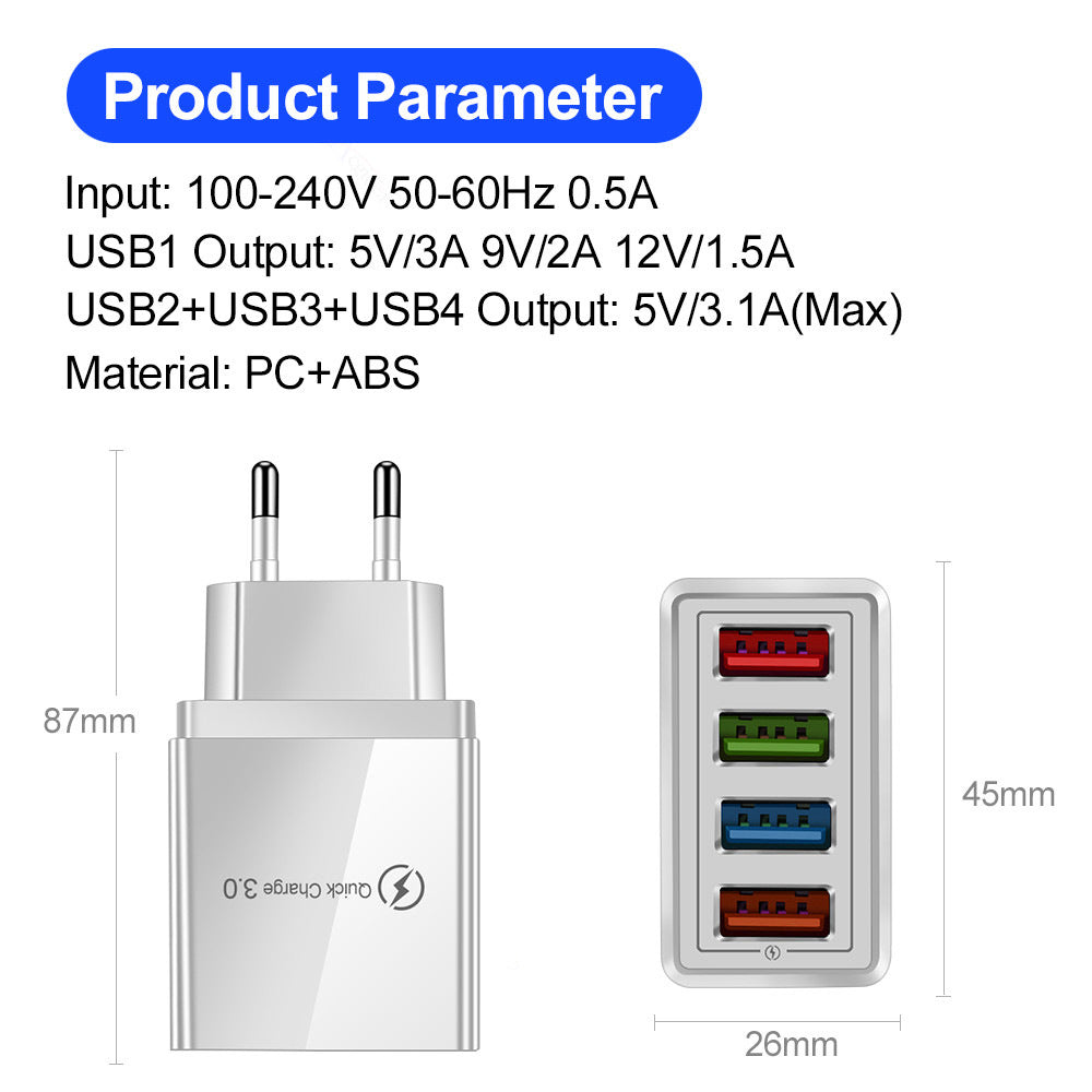 4-Port USB Fast Charger EU Adapter for iPhone 14, Samsung S22, Xiaomi, Hui