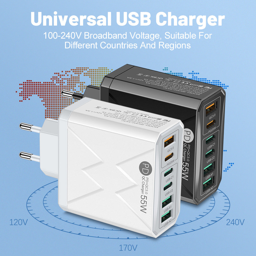 6-Port USB PD Charger, 3USB-A+3USB-C, Fast Charging Adapter for iPhone, Samsung, Hui