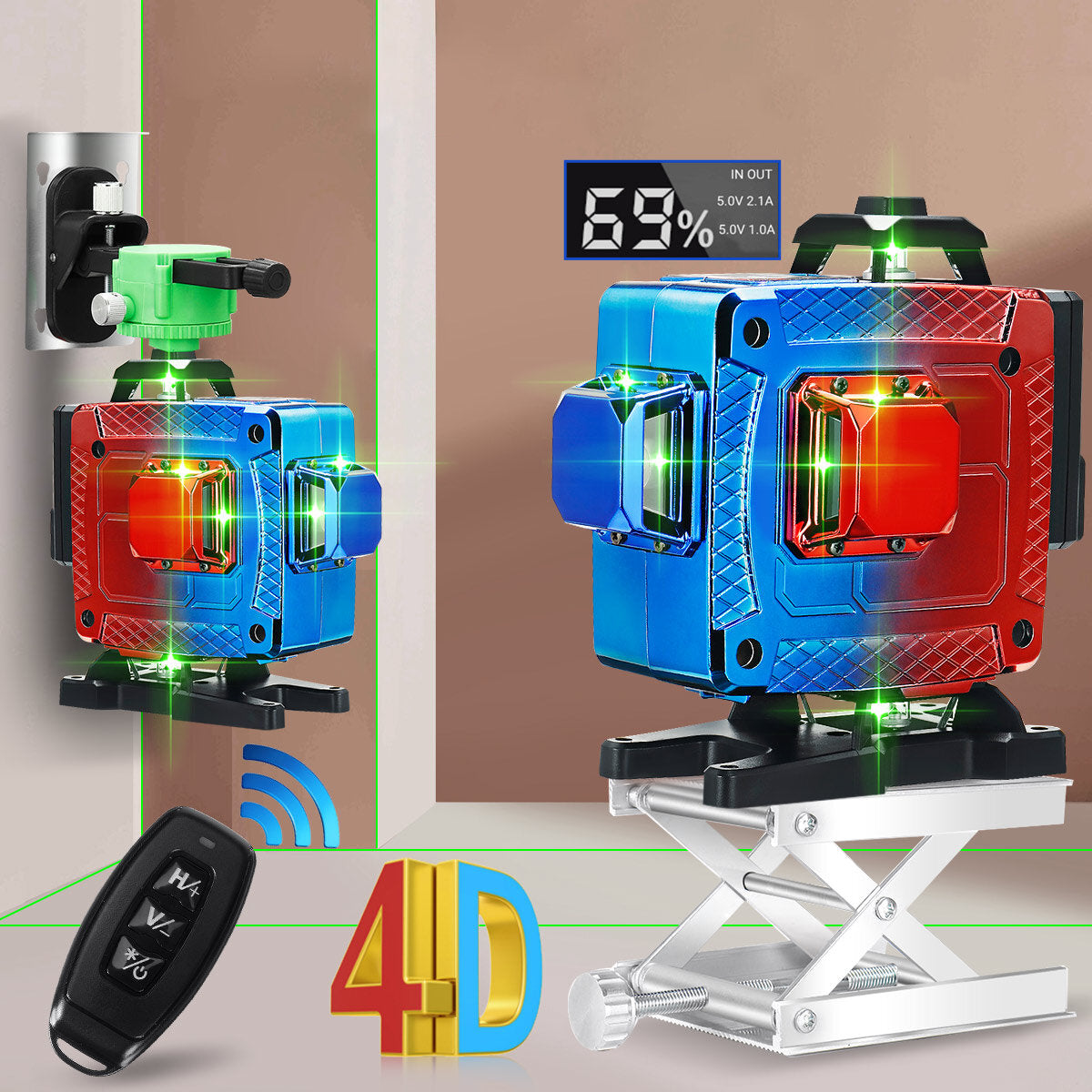 16 Line 4D Colorful Green Light Laser Level Single/Dual Battery 360 Horizontal Vertical Cross Measurement