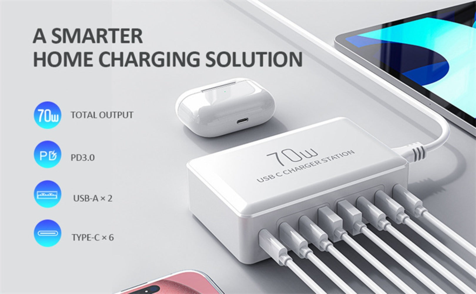 70W 8-Port USB PD Charger, 2 USB-A + 6 USB-C, Fast Charging Station for iPhone, Hui, Xiaomi, Samsung