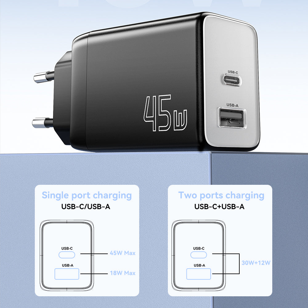 45W GaN USB PD Charger, 2-Port USB-A/USB-C, Fast Charging, EU Plug for iPhone, Samsung