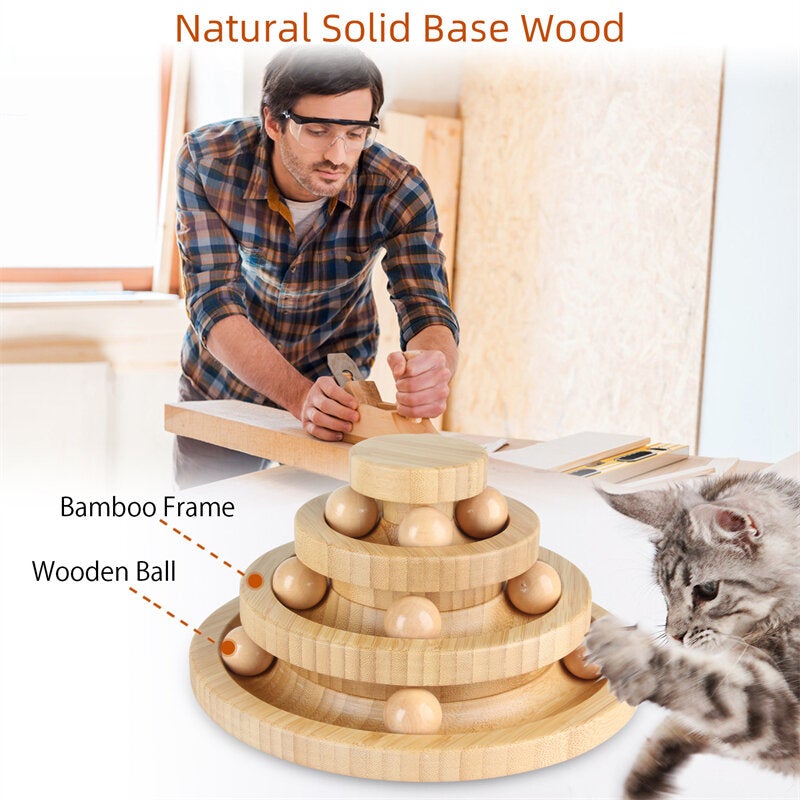 Three-layer Track Interactive Cat Toys Turntable Include 9 Wooden Balls Natural Solid Base Wood Safe for Cats