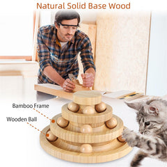 Three-layer Track Interactive Cat Toys Turntable Include 9 Wooden Balls Natural Solid Base Wood Safe for Cats