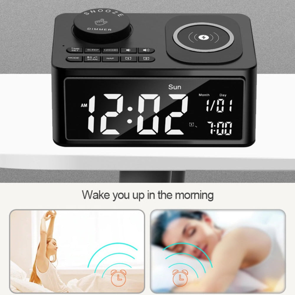 10W Wireless Charger Bluetooth Speaker Alarm Clock Radio for Qi-enabled Phones