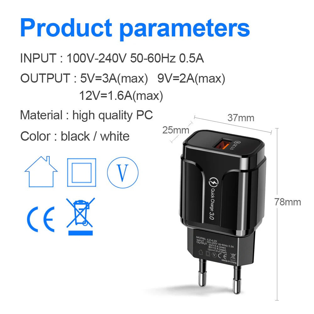 18W USB-A QC3.0 Fast Charger EU/US Plug for iPhone, Hui, Samsung, Xiaomi