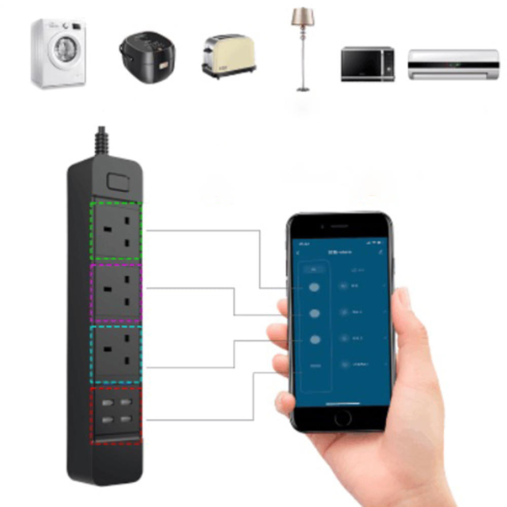 Smart WIFI APP Control Power Strip with 3 UK Outlets Plug 4 USB Fast Charging Socket App Control Work Power Outlet