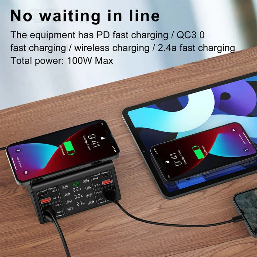 100W 8-Port USB PD Charger, Fast Charging Station with Wireless Pad for iPhone, Samsung, Oppo, Redmi