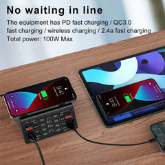 100W 8-Port USB PD Charger, Fast Charging Station with Wireless Pad for iPhone, Samsung, Oppo, Redmi