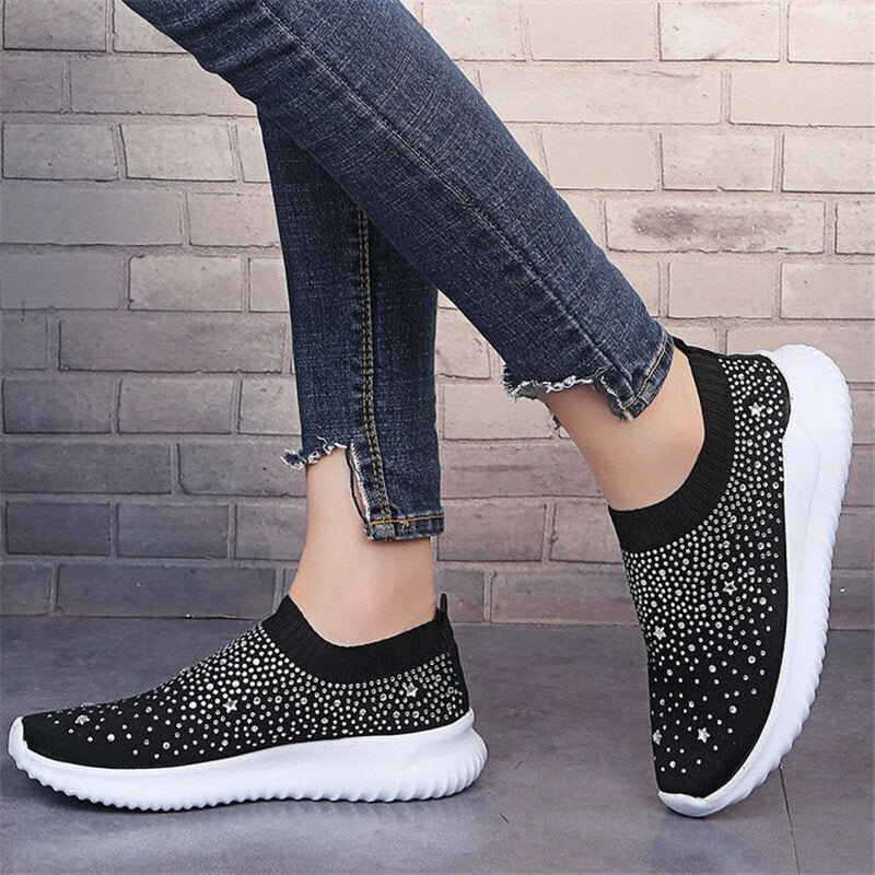 WoMen Crystal Mesh Sneakers Glitter Casual Slip On Loafers Outdoor Leisure Running Sport Shoes