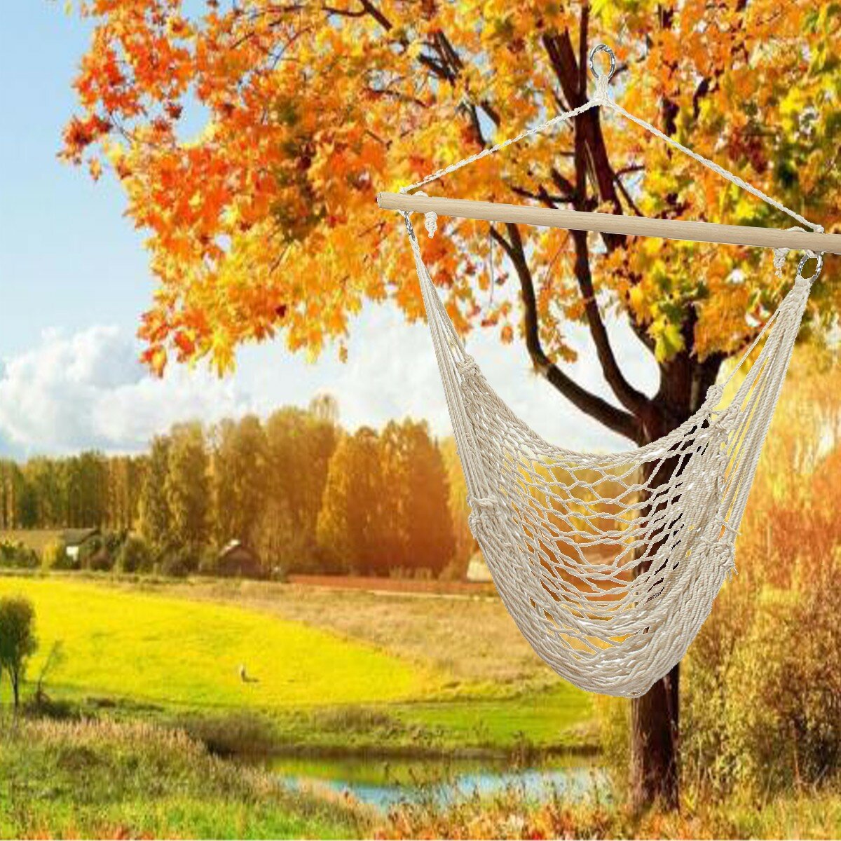 135 x 90CM Portable Outdoor Swing Cotton Hammock Chair Wooden Bar Hanging Rope Chair For Garden Patio Yard Porch
