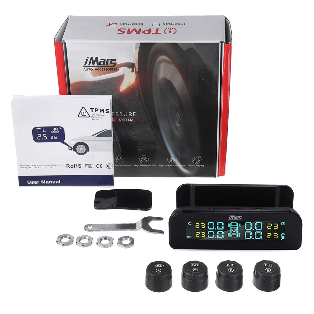 Solar Tire Pressure Monitor System Real-time Tester LCD Screen 4 External Sensors Auto Power On Off