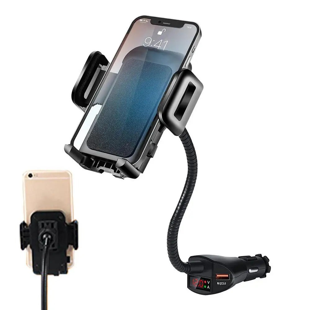 3-in-1 Car Cigarette Lighter Phone Holder & Dual USB Charger with Voltage Detector