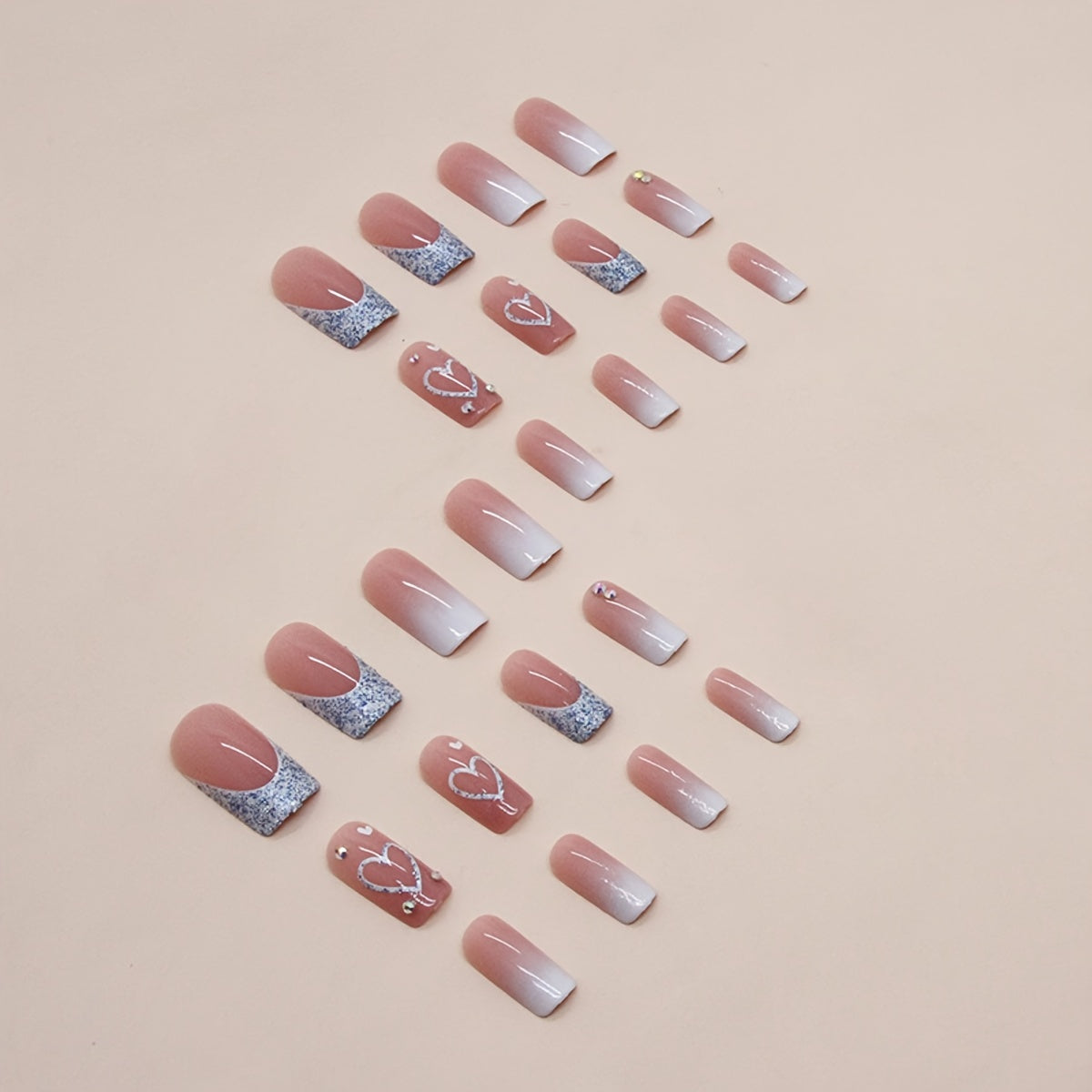 24pcs Glossy Pinkish White Gradient Press On Nails with Glitter Heart Design, Medium Square Fake Nails for Women Girls