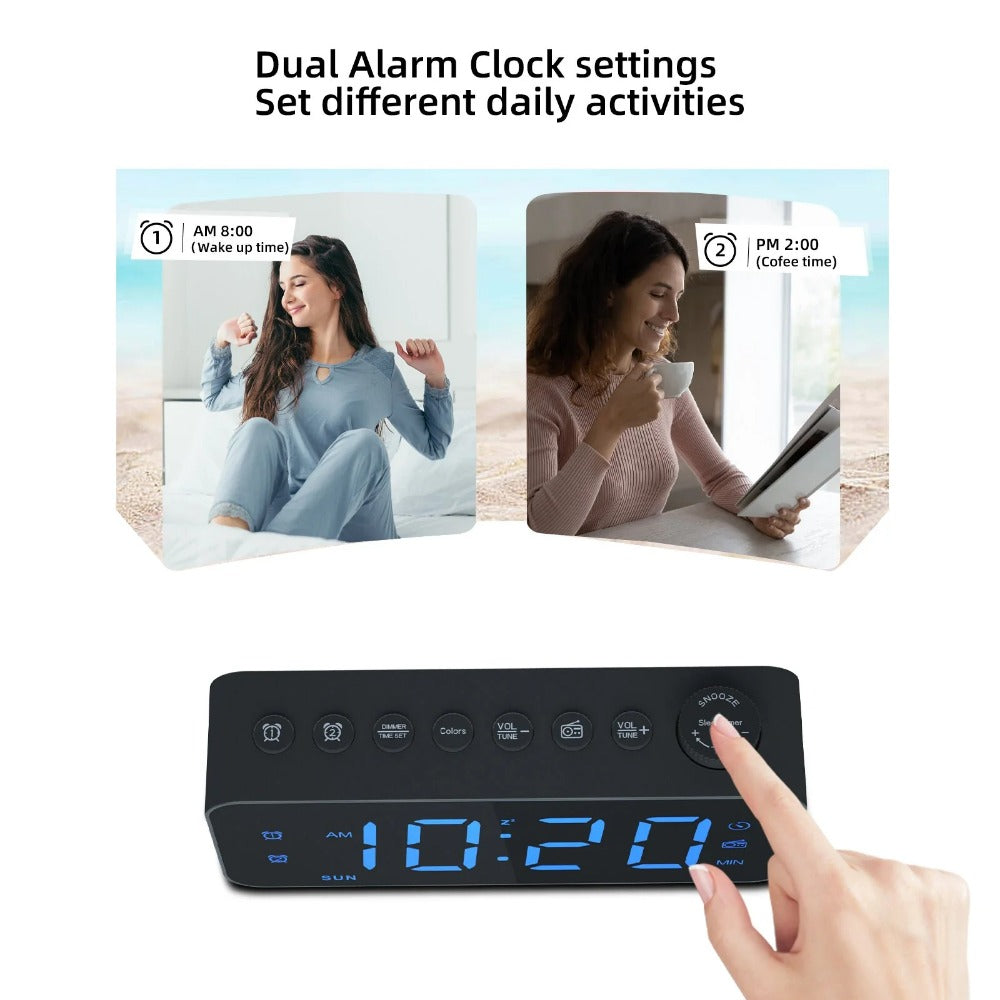 LED Digital Alarm Clock with FM Radio, Dual Alarm, Snooze, USB Charging Port, and Dimmable Night Light for Bedroom, Office