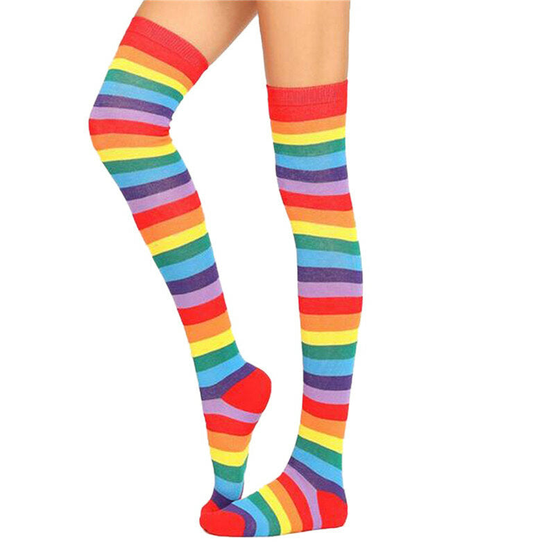1 X Pair Womens Striped Thigh Knee High Long Rainbow Girls Socks Stocking