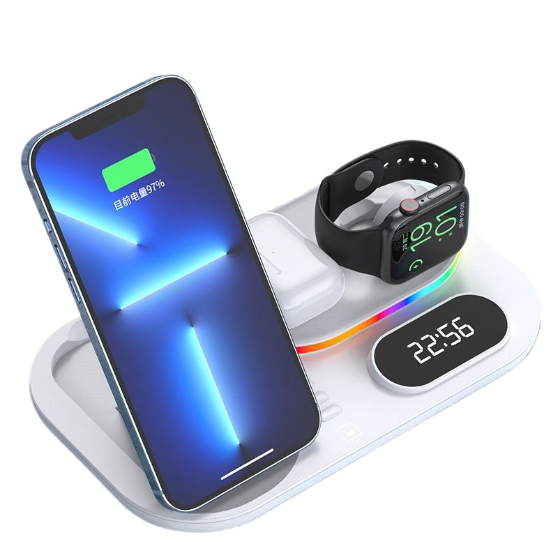 15W 4-in-1 Wireless Charger with Clock & RGB Lights for iPhone, Samsung, AirPods, Apple Watch