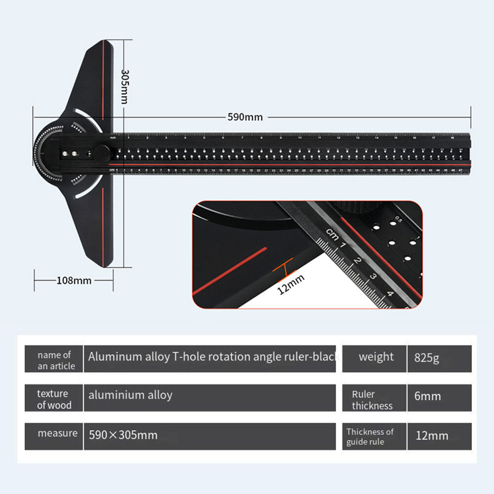 Aluminum Alloy Woodworking Edge Ruler & Protractor for Carpentry