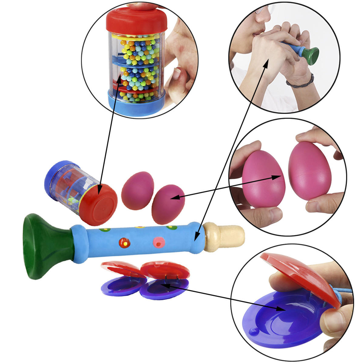 4-piece Set Orff Musical Instruments Sand Eggs/Rain Ring/Small Horn/Plastic Castanets for Children