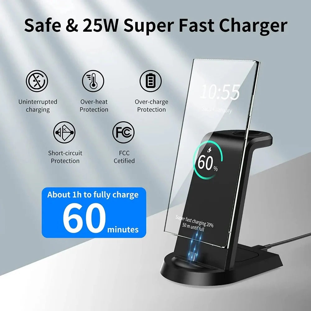 25W Super Fast Wireless Charger 3-in-1 for Samsung Galaxy S24 S23 Ultra S22 S21 S20 Watch Earbuds