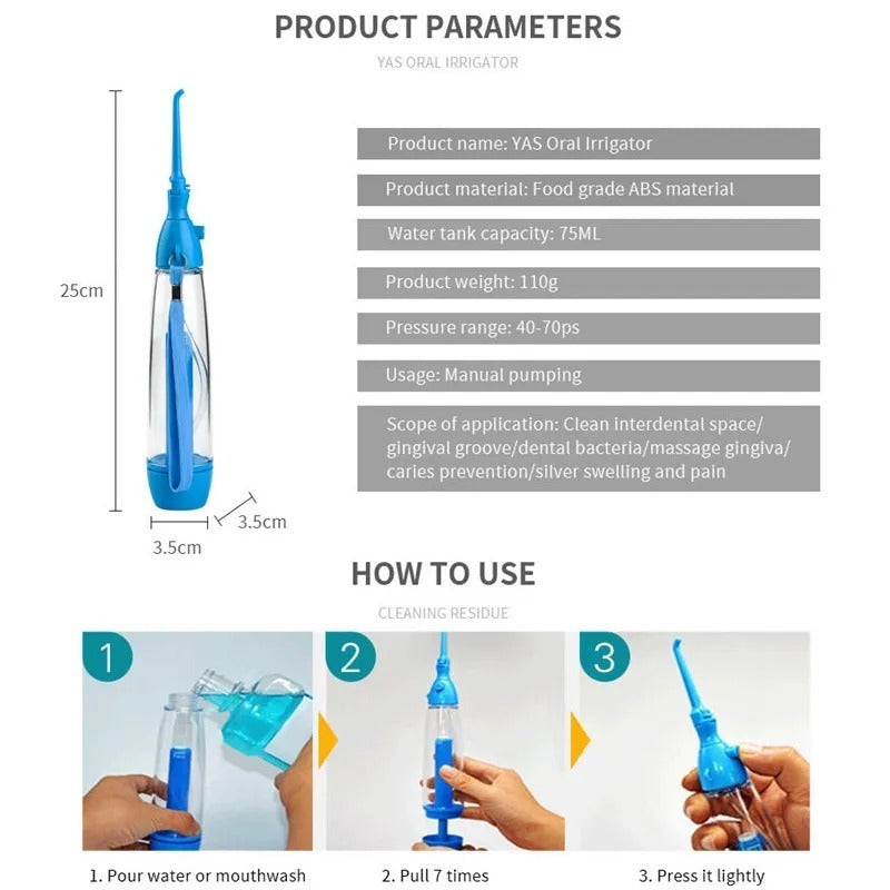 Manual Water Flosser | 70ml Portable Dental Irrigator - Non-Electric Oral Cleaner for Travel, Braces & Implants (No Battery Needed)