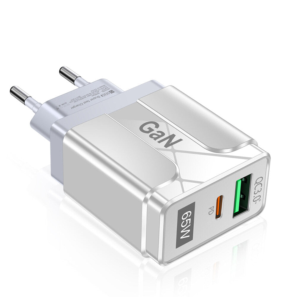 65W GaN Dual USB PD Charger, 33W USB-A QC3.0 Fast Charger, EU Plug for iPhone 14, iPad, Hui, Xiaomi