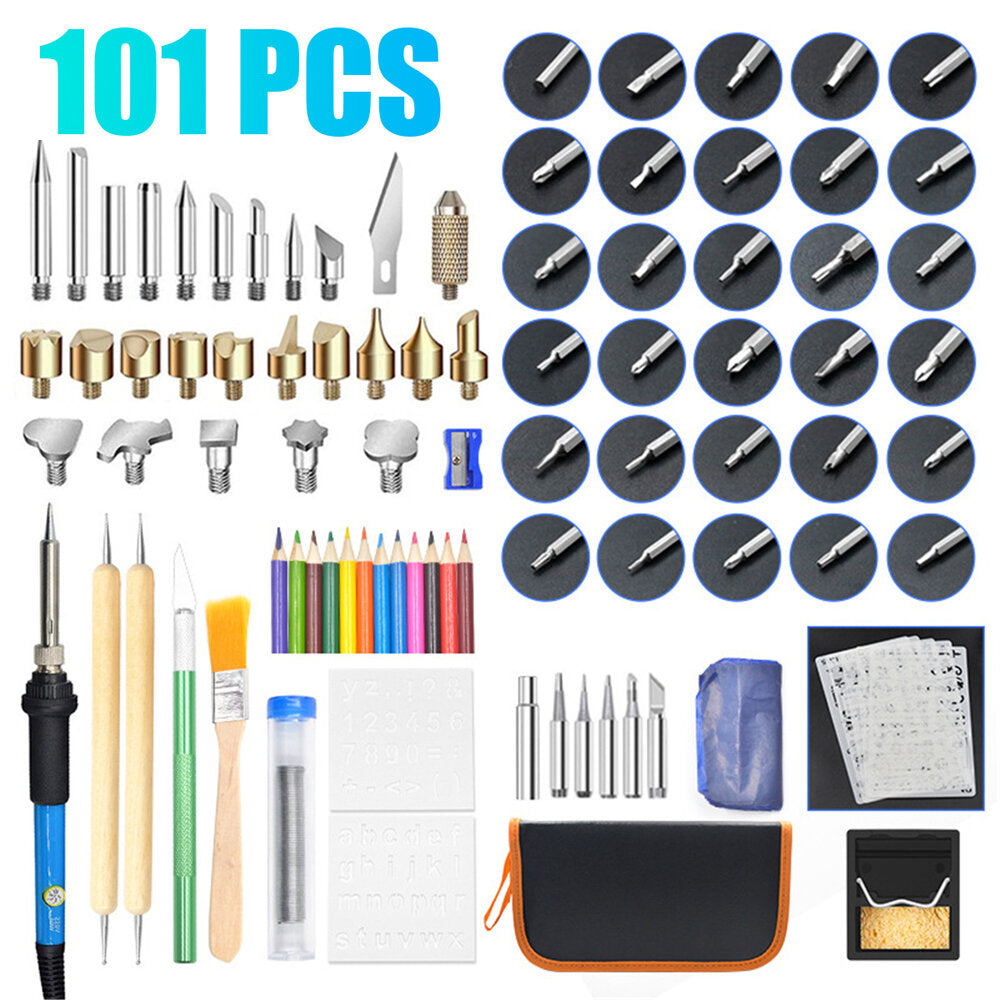 101pc 60W Wood Burning Pen Tool Soldering Stencil Iron Craft Set Pyrography Kit