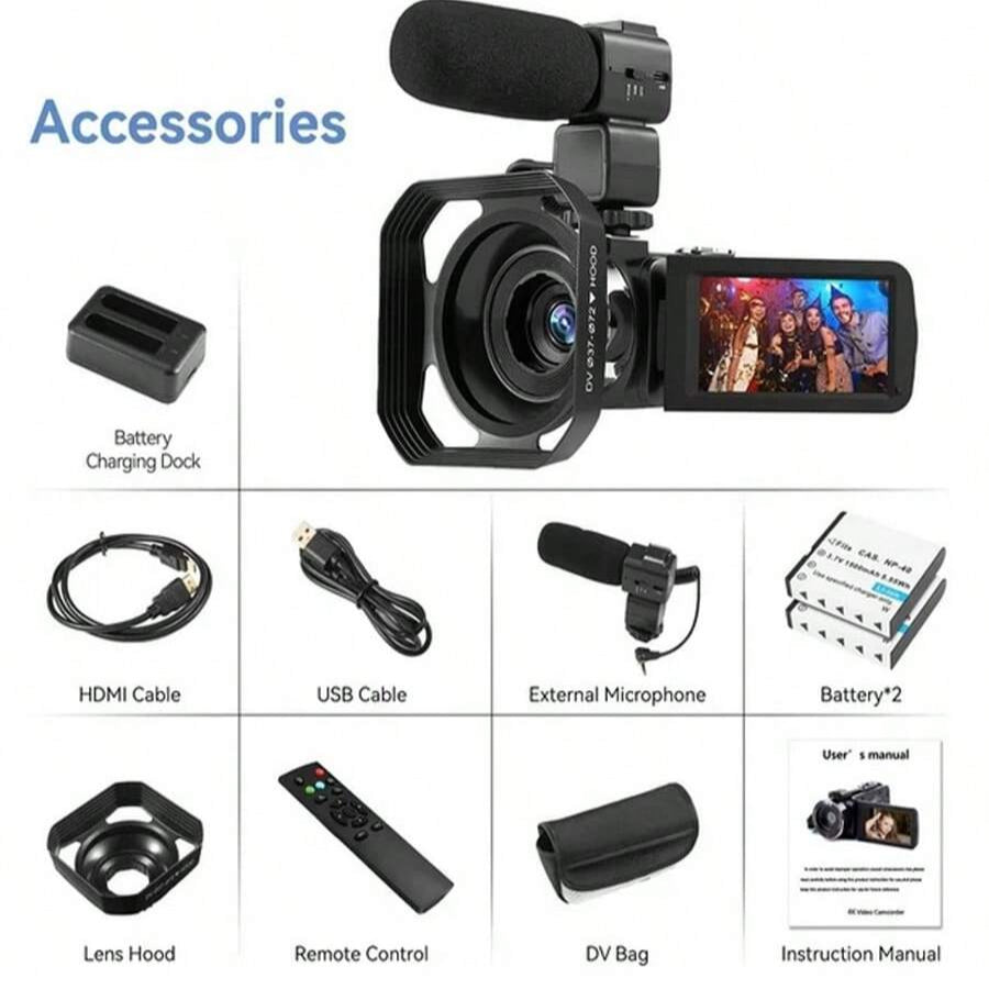 4K Video Camera Camcorder with 18X Zoom, 48MP Vlogging, 3.0-Inch Touchscreen, Mic, Remote, Night Vision, 2 Batteries