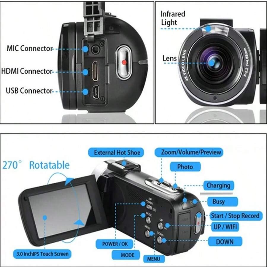 4K Video Camera Camcorder with 18X Zoom, 48MP Vlogging, 3.0-Inch Touchscreen, Mic, Remote, Night Vision, 2 Batteries