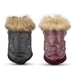 Pet Fur Collar Leather Coats Waterproof Pet Dog Winter Warm Coats Puppy Cold Weather Clothes