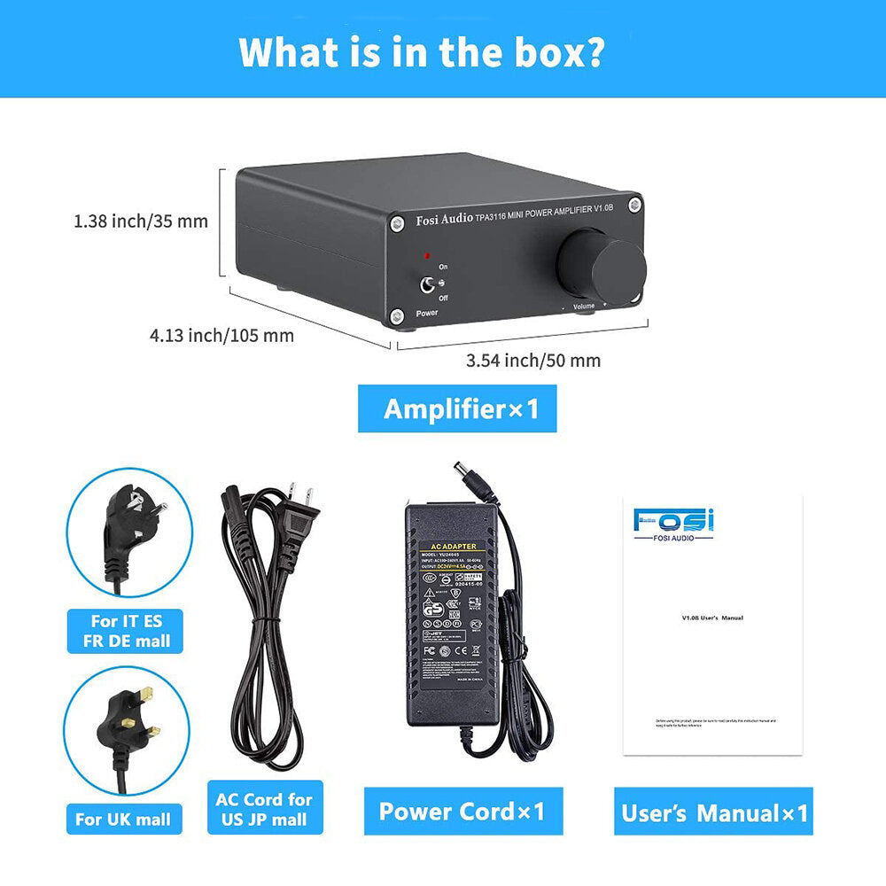 100W 2 Channel Amplifier Stereo Audio Amp Mini Hi-Fi Class D Integrated TPA3116 for Home Speakers, with 19V 4.74A Power Supply